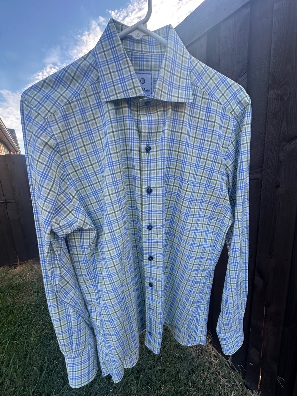 David Donahue Shirt Mens M Green and Blue Plaid 100% Cotton Dress Button Up